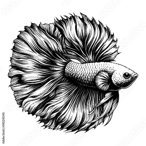 Betta fish sketch engraving black and white outline. Scratch board imitation.  illustrated in vintage line art style on a white background.