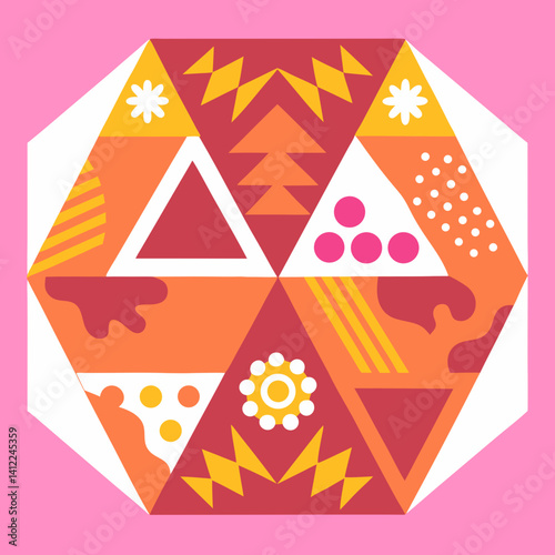 A vibrant geometric kaleidoscope celebrating playful shapes and bold colors with a pink background and multifaceted design.