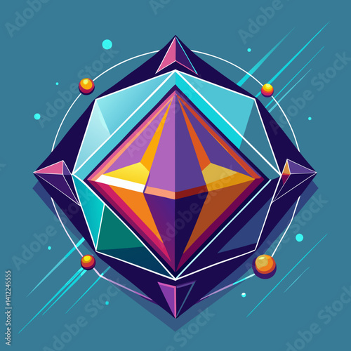 A vibrant, multifaceted gem radiates energy and cosmic wonder, floating amidst stylized streaks and orbiting spheres, in a bold, graphic style.