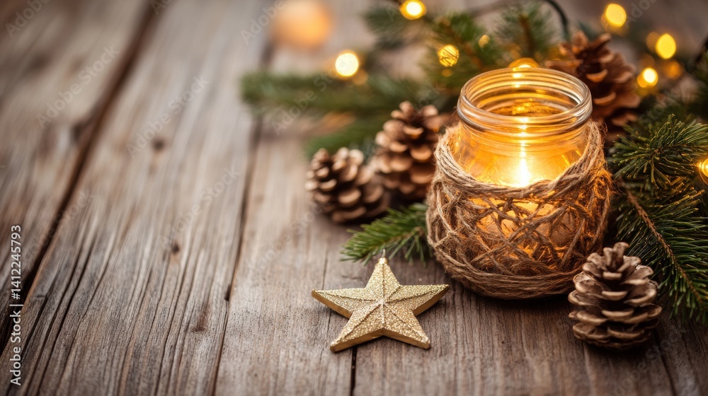 Cozy Holiday Scene with Jar Candle and Pine Cones on Wooden Table Cozy Holiday Scene with Jar Candle and Pine Cones on Wooden Table