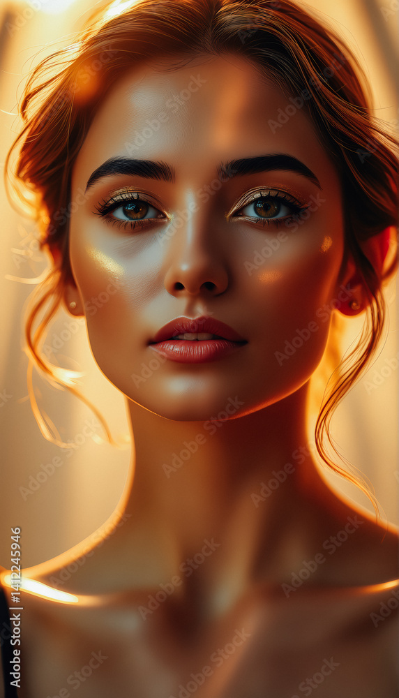 Golden Light Radiates on Beautiful Woman's Face