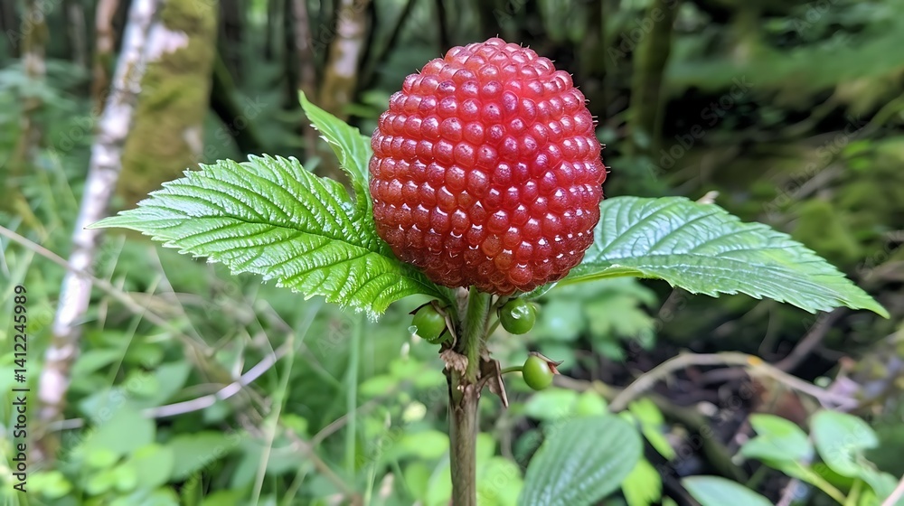 Obraz premium Vibrant thimbleberry stands out in the verdant forest undergrowth outdoors