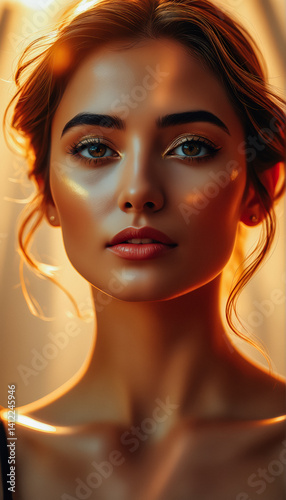 Obraz na płótnie Golden Light Radiates on Beautiful Woman's Face w salonie