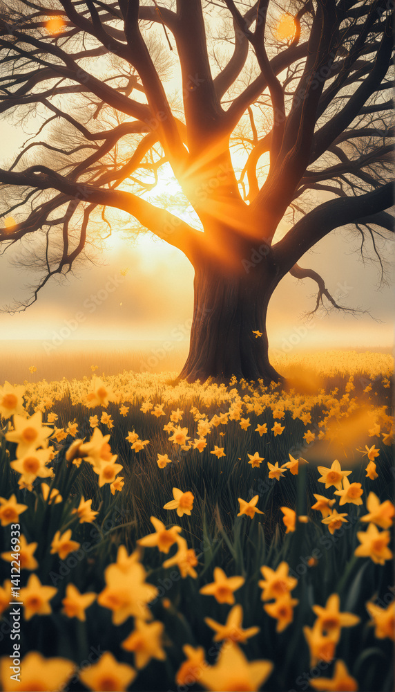 Golden Sunrise Over a Field of Daffodils
