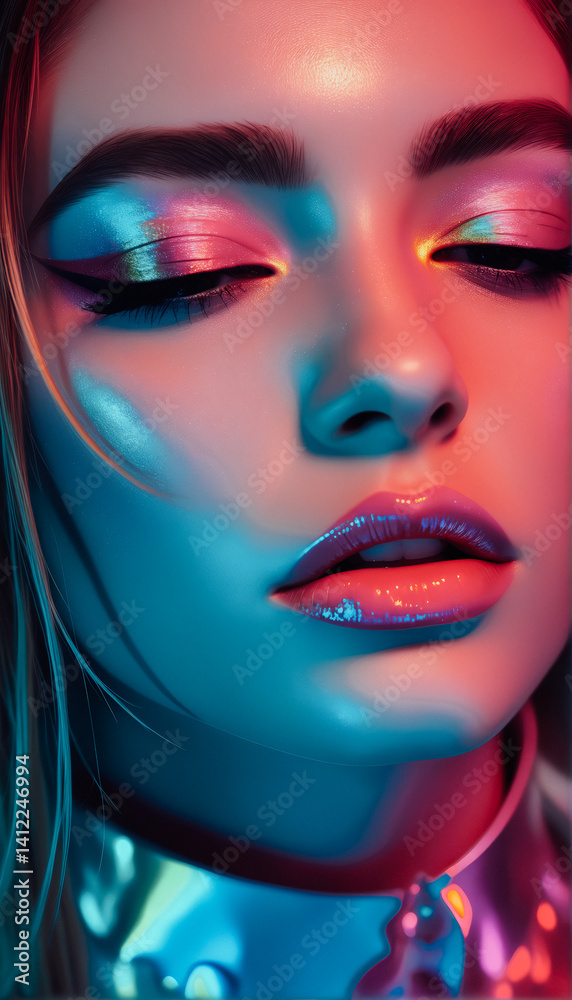 Close-up Portrait of Woman with Vivid Makeup and Neon Lighting