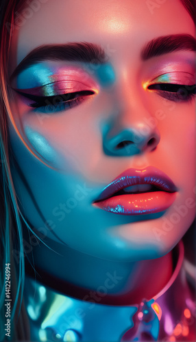 Obraz na płótnie Close-up Portrait of Woman with Vivid Makeup and Neon Lighting w salonie