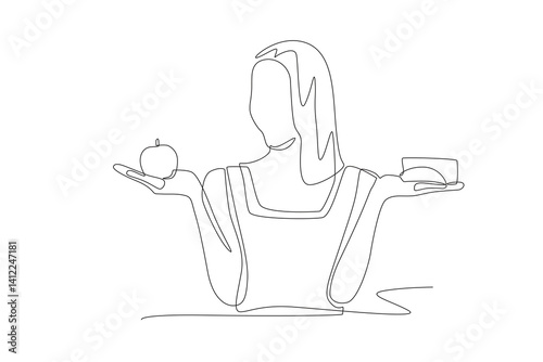 Woman holding fruit and a piece of cake. Balanced Nutrition concept one-line drawing