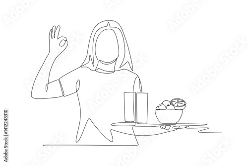 Woman holding a tray containing two glasses of milk and a bowl of fruit. Balanced Nutrition concept one-line drawing