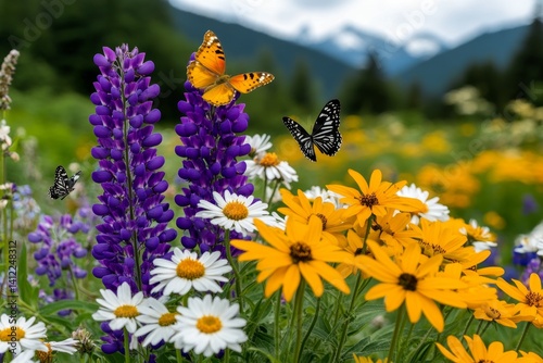 A field of wildflowers in full bloom, with butterflies fluttering above