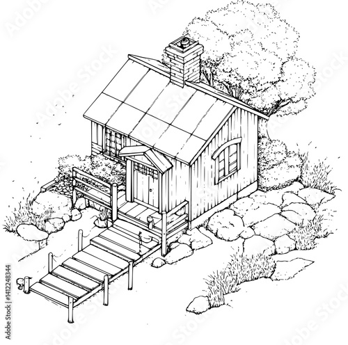 Cape Cod style Boathouse isometric design, Cape Cod style Boathouse vector graphic