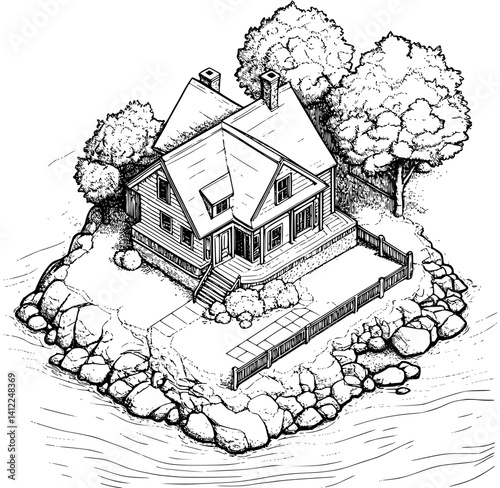 Cape Cod style Inn isometric design, Cape Cod style Inn vector graphic
