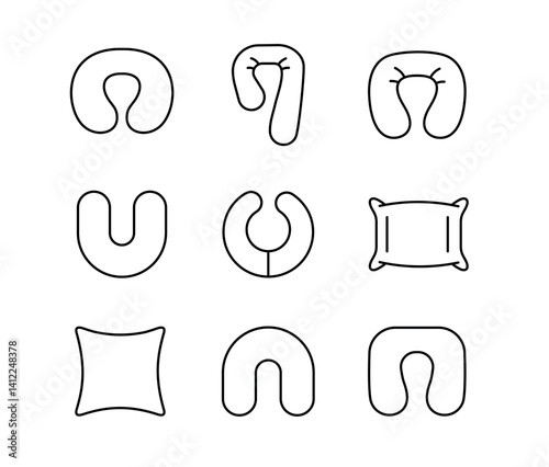 A set of vector icons representing various types of neck and travel pillows in ergonomic shapes, created in line style with editable stroke