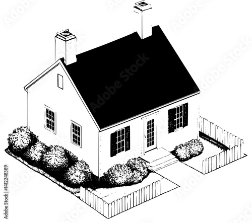 Cape Cod style Saltbox isometric design, Cape Cod style Saltbox vector graphic