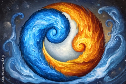 A floating elemental core surrounded by swirling fire, water, air, and earth energy