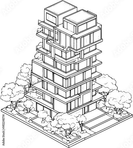 Contemporary style Office building isometric design, Contemporary style Office building vector graphic