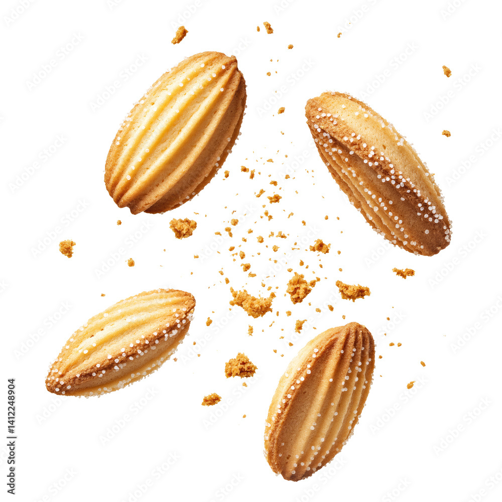 Fototapeta premium flying madeleine cookies with crumbs isolated on transparent white background, clipping path