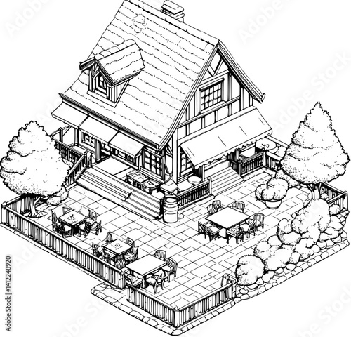 Craftsman style Tavern isometric design, Craftsman style Tavern vector graphic