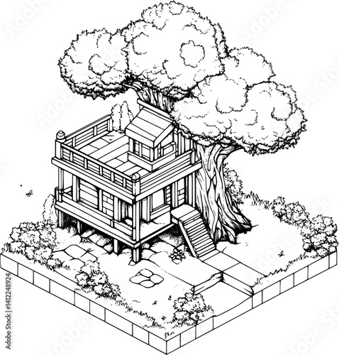 Craftsman style Treehouse isometric design, Craftsman style Treehouse vector graphic