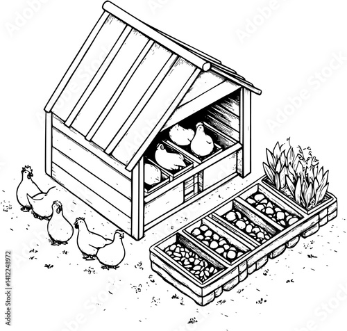 Farmhouse style Chicken coop isometric design, Farmhouse style Chicken coop vector graphic