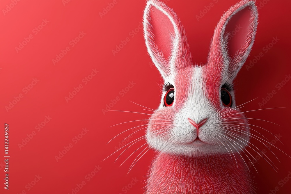 Obraz premium Portrait of a rabbit with a vibrant red background showcasing artistic simplicity