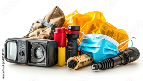A collection of outdoor adventure gear including flashlights, batteries, a mask, and emergency supplies for preparedness. photo