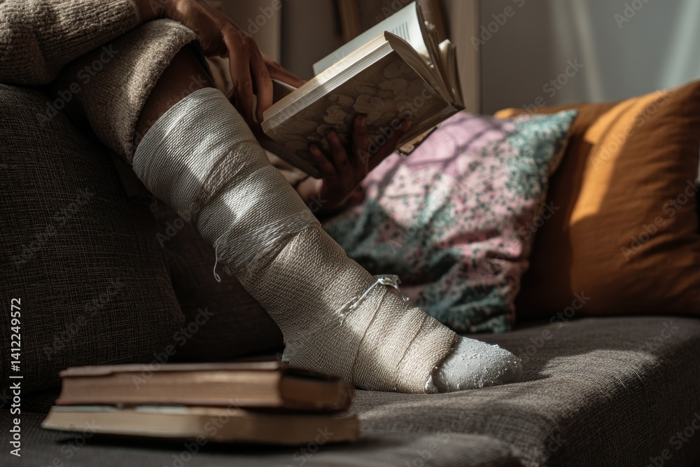 Obraz premium Leg in Cast Reads Book: Serene Sunlight, Cozy Home