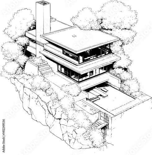 Mid-Century Modern style House isometric design, Mid-Century Modern style House vector graphic