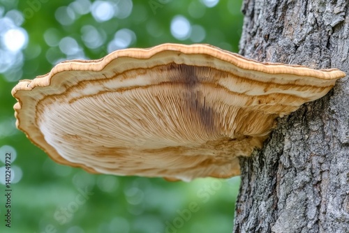 A giant shelf fungus (Polypore) growing on the side of an ancient tree photo