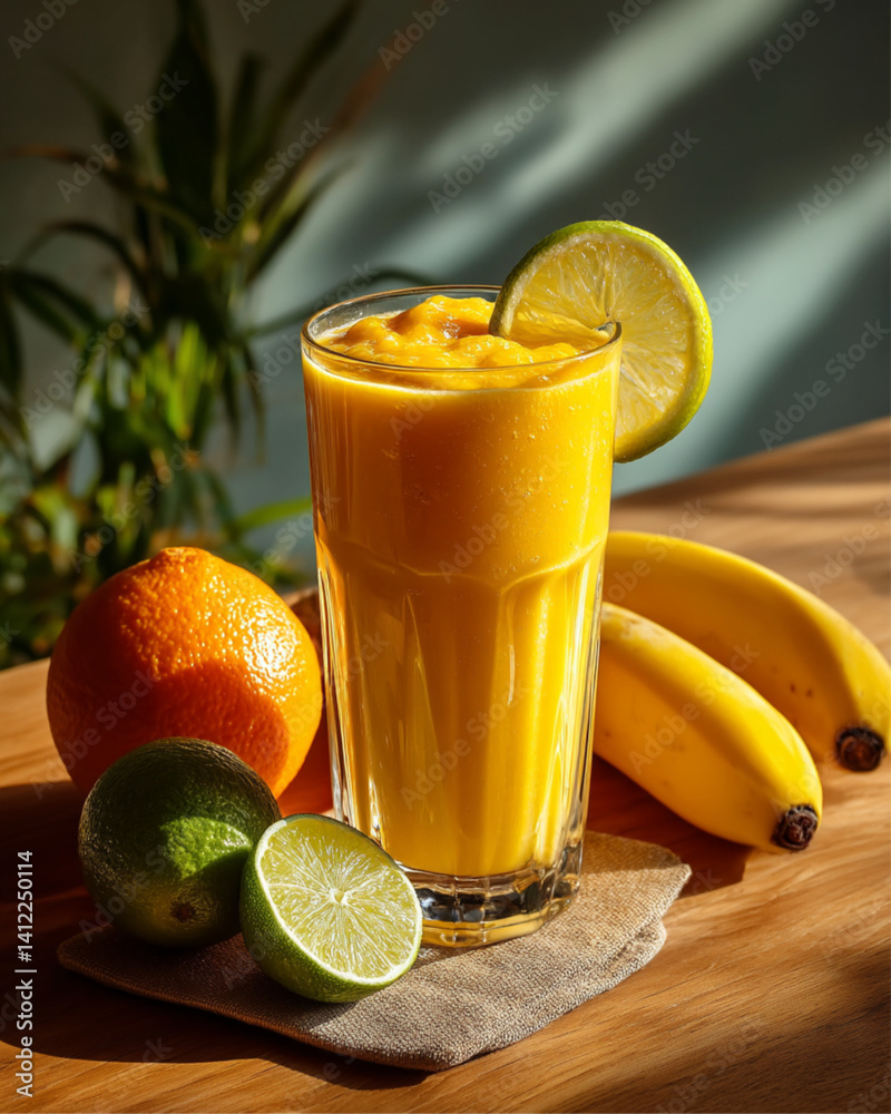a vibrant tropical smoothie in a glass, bright yellow color, made with mango, banana, and orange juice, fresh fruit garnishes, glowing in sunlight on a wooden table, summer aesthetic