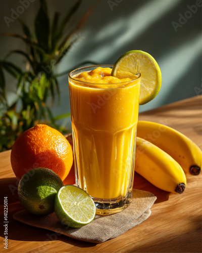 Obraz na płótnie a vibrant tropical smoothie in a glass, bright yellow color, made with mango, banana, and orange juice, fresh fruit garnishes, glowing in sunlight on a wooden table, summer aesthetic w salonie