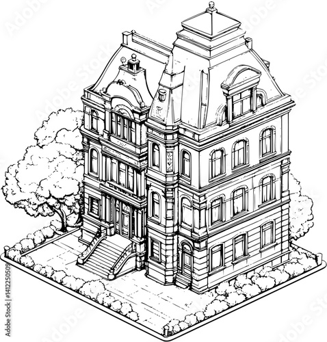 Victorian style Bank isometric design, Victorian style Bank vector graphic
