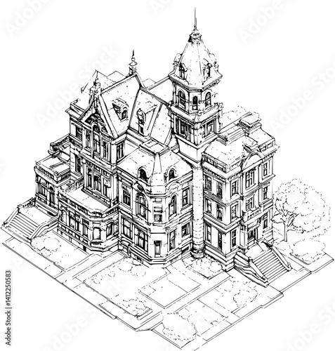 Victorian style Courthouse isometric design, Victorian style Courthouse vector graphic