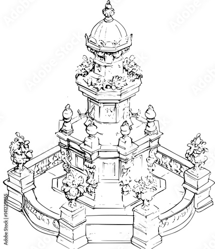 Baroque style Fountain house isometric design, Baroque style Fountain house vector illustration