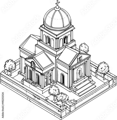 Mediterranean style Chapel isometric design, Mediterranean style Chapel vector illustration