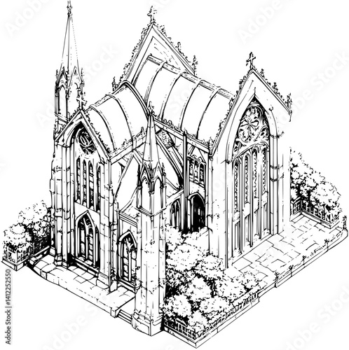 Gothic style Market hall isometric design, Gothic style Market hall vector illustration