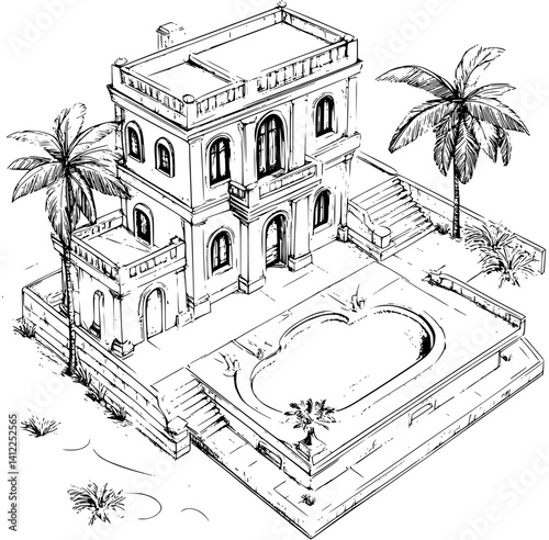 Mediterranean style Bathhouse isometric design, Mediterranean style Bathhouse vector illustration