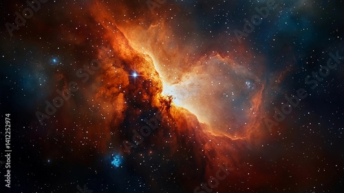 A bright orange cloud in the sky with many stars surrounding it. The stars are scattered all over the sky and the cloud is the main focus