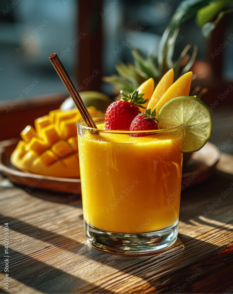 a vibrant tropical smoothie in a glass, bright yellow color, made with mango, banana, and orange juice, fresh fruit garnishes, glowing in sunlight on a wooden table, summer aesthetic
