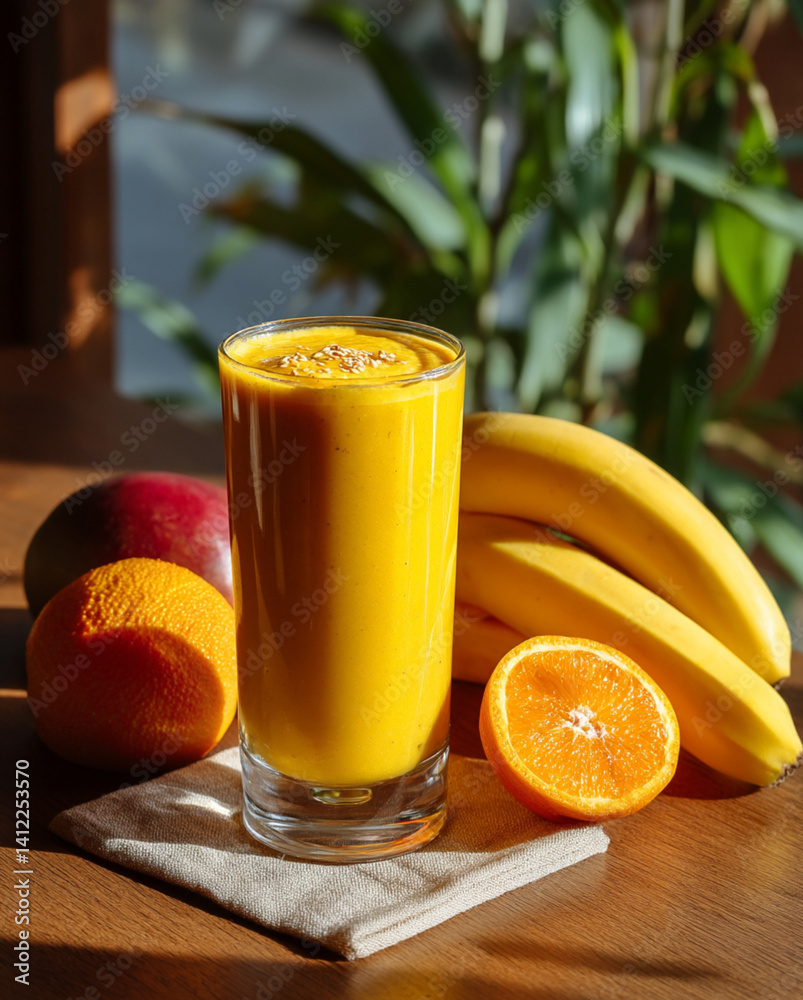 a vibrant tropical smoothie in a glass, bright yellow color, made with mango, banana, and orange juice, fresh fruit garnishes, glowing in sunlight on a wooden table, summer aesthetic