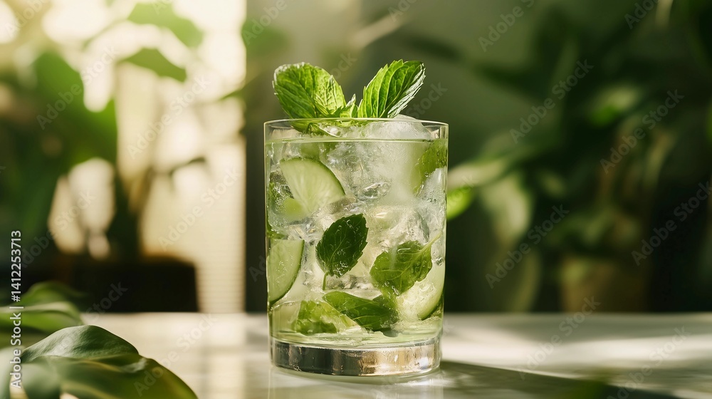 A glass of green drink with a sprig of mint on top. The drink is clear and has a refreshing taste A glass of green drink with a sprig of mint on top. The drink is clear and has a refreshing taste