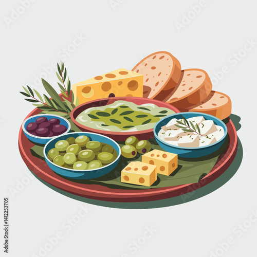 Mediterranean Appetizer Platter with Dips, Cheese and Bread