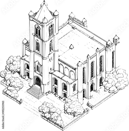 Tudor style Courthouse isometric design, Tudor style Courthouse vector illustration