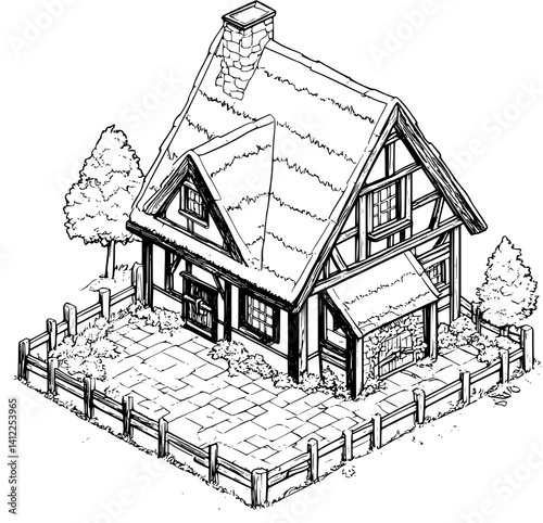 Tudor style Hunting lodge isometric design, Tudor style Hunting lodge vector illustration