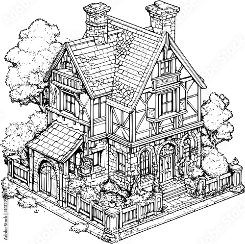 Tudor style Inn isometric design, Tudor style Inn vector illustration