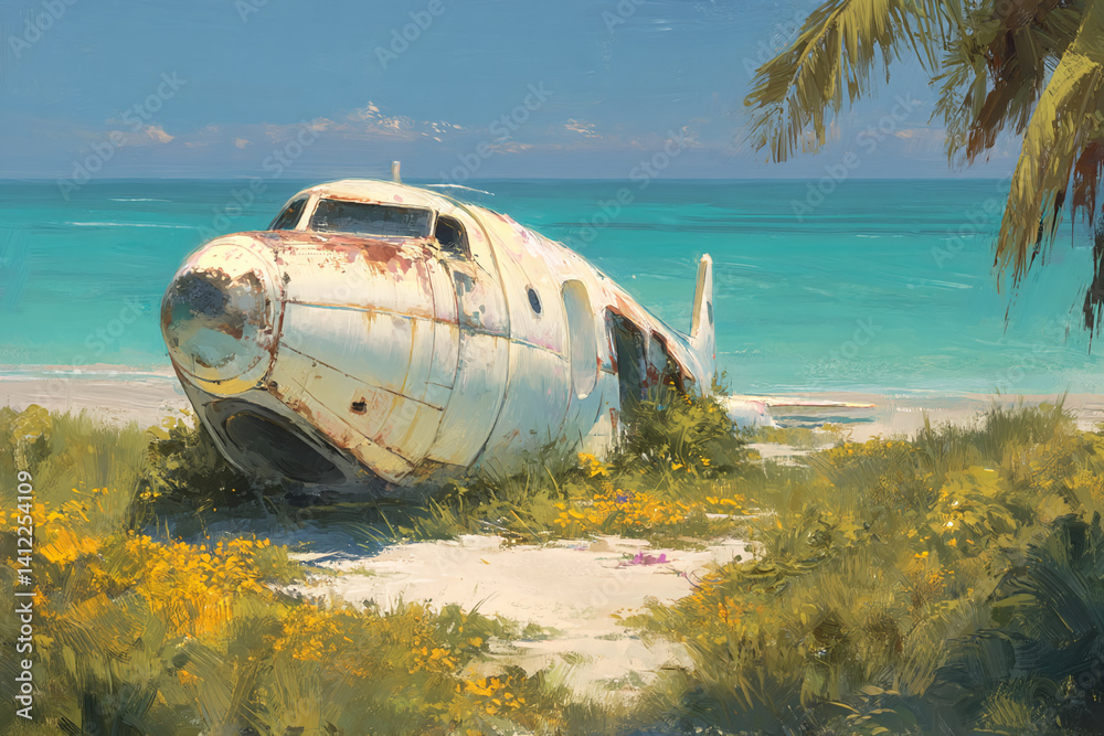 custom made wallpaper toronto digitalRusty airplane wreck on tropical beach, turquoise water background, overgrown with vegetation, sunny day, evocative of lost time and forgotten journeys