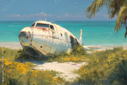 Wallpaper Mural Rusty airplane wreck on tropical beach, turquoise water background, overgrown with vegetation, sunny day, evocative of lost time and forgotten journeys Torontodigital.ca
