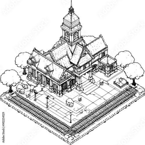 Victorian style Train station isometric design, Victorian style Train station vector illustration