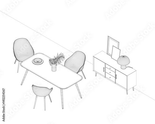 A room with a table and chairs, and a couch. The table is surrounded by three chairs. Isometric view