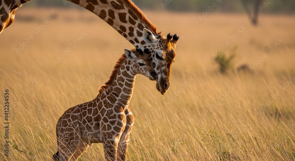 Fototapeta premium Giraffe mother tenderly touching her calf in the wild savannah