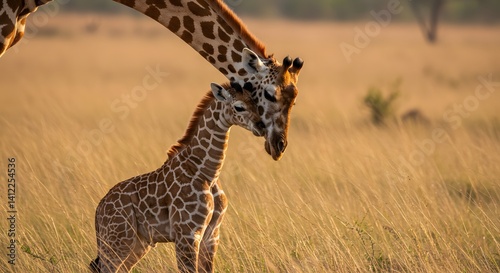 Giraffe mother tenderly touching her calf in the wild savannah